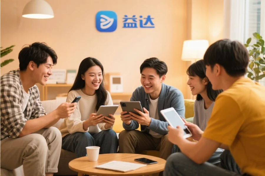 一群年轻用户围坐在一起，使用平板和手机愉快地交流，背景温馨现代，象征杏运应用的社区活跃氛围